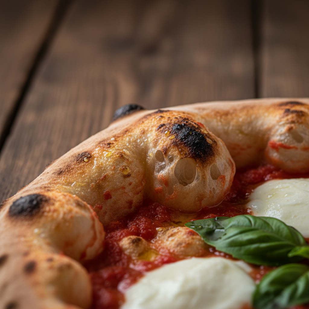 Nahaufnahme neapolitanischer Pizza mit luftigem Teigrand